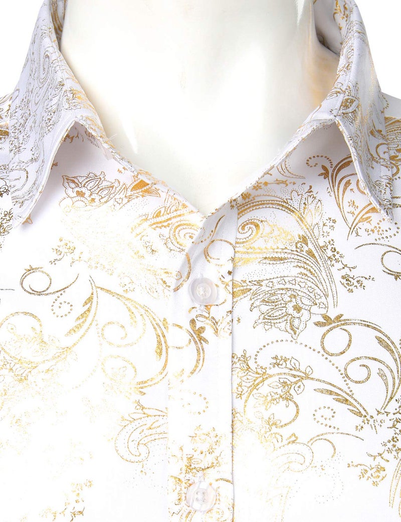 ZEROYAA Men's Luxury Paisley Shiny Stylish Slim Fit Short Sleeve Button Up Dress Shirt ZLCL23 White Gold Medium - Image 3